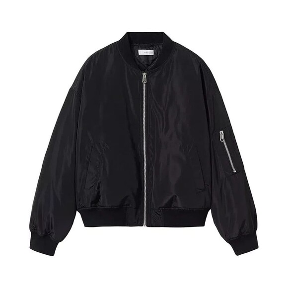 NWT Mango Girl's Bomber Zip Front Sleeve Pocket Jacket sz  M / L Black' - Picture 1 of 7